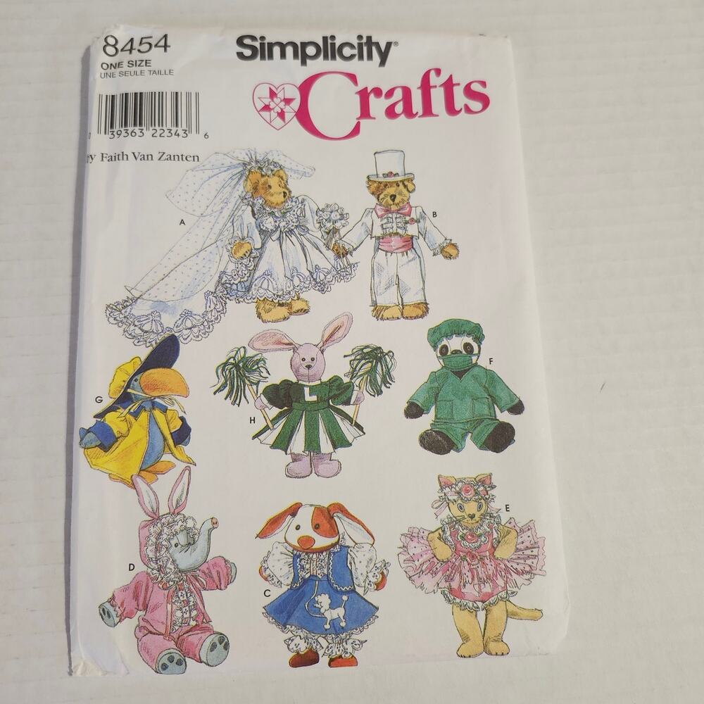 Simplicity #8454 Pattern Clothes For 8"-9" Stuffed Animals 1998 Sewing Crafts